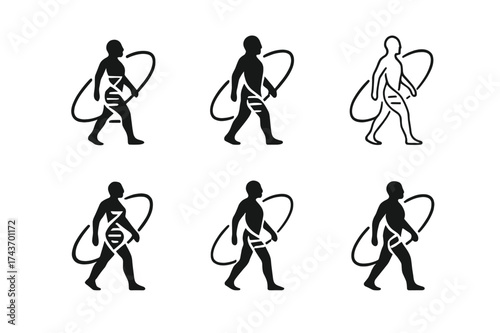 Space Colonization Logos. Genetic engineering for space colonization. Set Logo of human evolution: silhouette with DNA orbit. harmonious logo variations of the