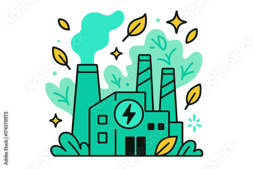 Eco-Friendly Energy Plant. Green power plant. A glowing factory surrounded by abstract floating leaves, stars, and energy sparks showing eco-friendly