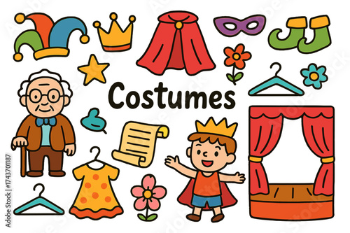 Colorful Costume Doodles. Costumes. Colorful Hand-drawn doodle Children illustration hat, crown, cape, mask, shoes, dress, star, flower, script, hanger,