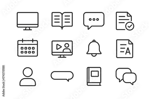 Online Learning Icons. Online learning. Line icon set of Online learning: computer, course catalog, chat bubble, assignment submission, calendar, video