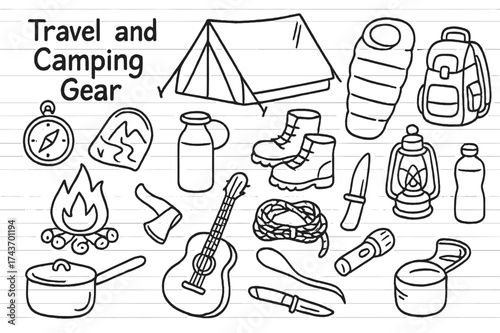 Camping Gear Doodle. Travel and camping gear. Hand-drawn doodle illustration travel and camping gear tent, backpack, sleeping bag, boots, campfire, compass,
