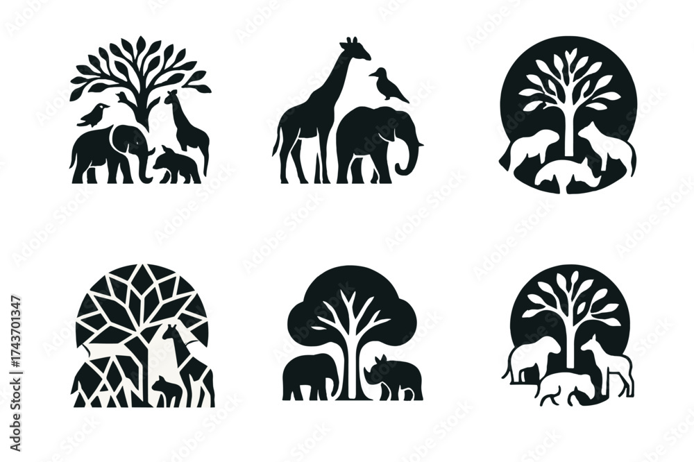 Fototapeta premium Tree of Life Logos. Endangered species and their protection. Set Logo of tree of life: diverse animal silhouettes around a tree. harmonious logo variations of
