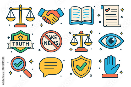 Journalism Ethics Icons. Ethics in Journalism. Colorful isometric vector icons set of Ethics in Journalism: scales of justice, handshake, open book, ethical