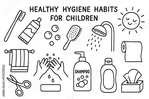 Kids' Hygiene Doodle Art. Healthy hygiene habits for children. Hand-drawn doodle illustration healthy hygiene habits for children toothbrush, toothpaste tube,