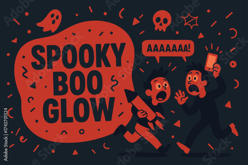 Spooky Glow Banner. Spooky Boo Glow banner, flat vector illustration, bold oversized text inside rounded blob, cartoon characters running and shouting, holding