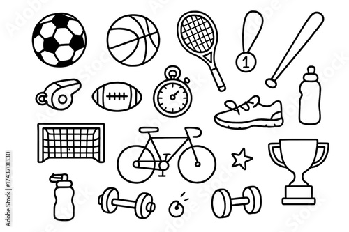 Sports Doodles Collection. Sports. Hand-drawn doodle illustration sports soccer ball, basketball, tennis racket, baseball bat, football, whistle, stopwatch,