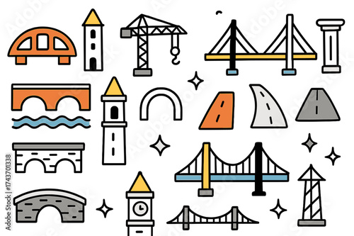 Bridges and Towers Doodle. Bridges & Towers. Hand-drawn doodle illustration bridge (colored), tower (colored), crane, cable (colored), column, river wave