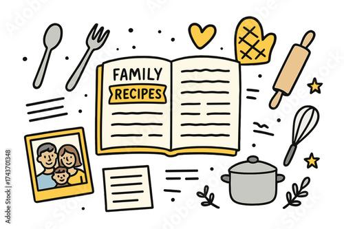 Family Recipe Illustrations. Family Recipes. Hand-drawn doodle illustration recipe book (colored), open pages, spoon (colored), fork, handwritten notes