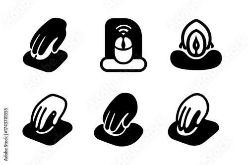 Wireless Mouse Logos. Using a wireless mouse at the desk. Set Logo of Using a wireless mouse at the desk: Ergonomic wrist rest. harmonious logo variations of