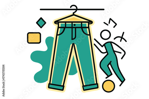 Stylish Glowing Jeans. Stylish Jeans. A glowing pair of jeans hanging on a rack, abstract floating geometric shapes emphasizing modern fashion design. Modern