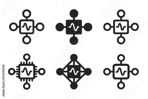Quantum Tech Logos Grid. Quantum computing in everyday technology. Set Logo of Quantum computing in everyday technology: Quantum-enabled IoT hub. harmonious