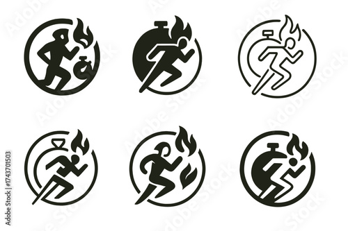 Endurance Logo Variations. High-performance training for athletes. Set Logo of endurance circle: circular emblem with athlete, stopwatch, and flame. harmonious
