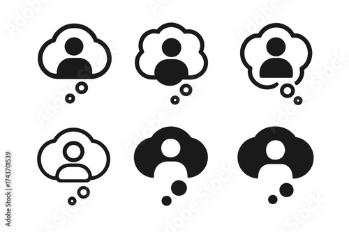 Contemplative Logo Variations. A person with a thoughtful expression, looking up as if contemplating their thoughts. Set Logo of Emotion: thought bubble with