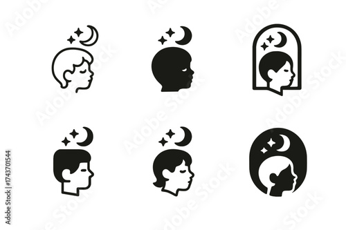 Dreaming Child Logos. Child's wonder. Set Logo of Emotion: child dreaming icon. harmonious logo variations of the same emblematic concept, each with different