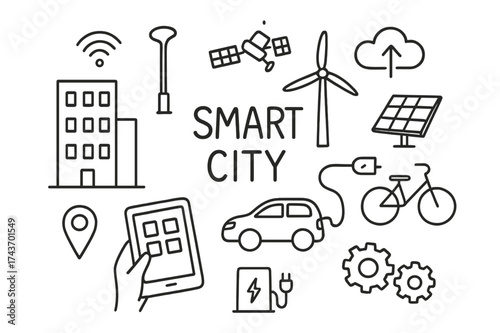 Smart City Doodles. Smart city developments. Hand-drawn doodle illustration smart city developments tower block, streetlamp, wifi signal, tablet in hand,
