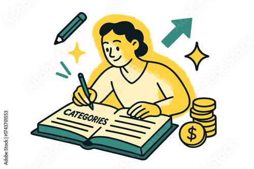 Dynamic Expense Tracking Scene. Expense tracking. Person glowing while writing categories in a ledger with coins beside. Floating icons of pencil, arrow, and