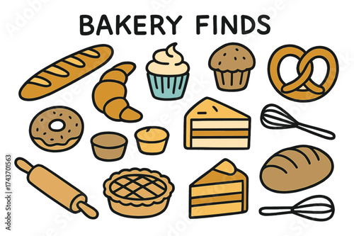 Bakery Delight Doodles. Bakery Finds. Hand-drawn doodle illustration baguette (colored), croissant, cupcake (colored), donut, muffin (colored), tart, pretzel