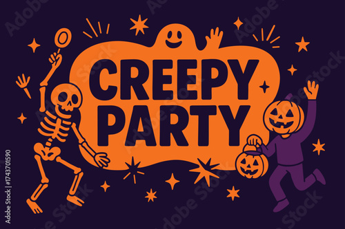 Neon CreepyParty Banner. CreepyParty banner, flat vector illustration, bold oversized text inside rounded blob, cartoon characters jumping and waving near