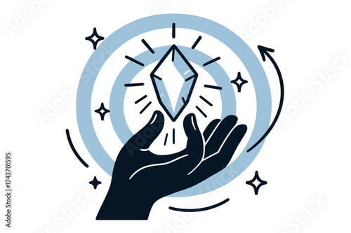 Radiant Crystal Vision. Radiant idea. A hand holding a glowing crystal-like shape, surrounded by expanding rings of color and motion lines. Small spark icons