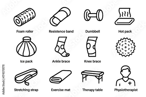 Athlete Therapy Tools. Athlete physiotherapy kit. Line icon set of Athlete physiotherapy kit: foam roller, resistance band, dumbbell, hot pack, ice pack, ankle