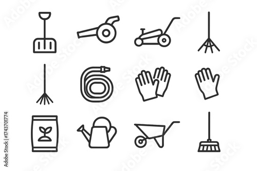 Seasonal Maintenance Icons. Seasonal maintenance. Line icon set of seasonal maintenance: snow shovel, leaf blower, lawn mower, rake, hose, gloves, fertilizer