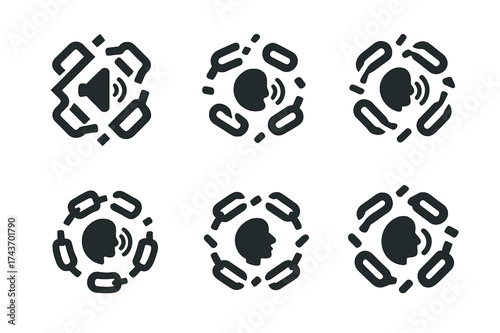 Expressive Chain Logos. Freedom of expression. Set Logo of broken chain: links breaking apart around a voice icon. harmonious logo variations of the same
