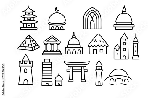 Cultural Architecture Icons. Cultural Architecture. Hand-drawn doodle illustration Cultural Architecture pagoda, mosque dome, gothic arch, greek column,