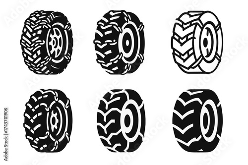 Snow Chain Logos. Snow chains on tires. Set Logo of rugged wheel: tire with heavy-duty snow grip pattern. harmonious logo variations of the same emblematic