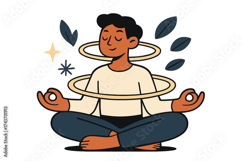 Serene Meditation Scene. Mindful pause. A character meditating with glowing rings around them, abstract floating shapes of leaves and spark icons showing calm.