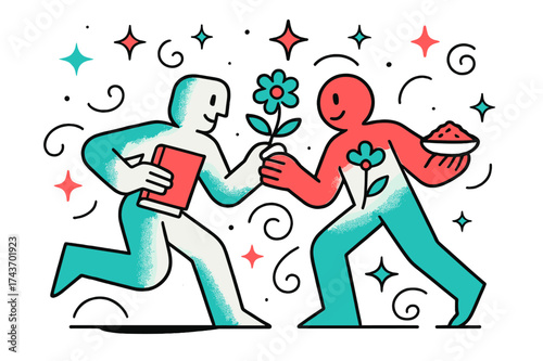 Symbolic Cultural Exchange. Cultural exchange. Two glowing figures exchanging symbolic items (book, flower, food), abstract floating stars and swirls