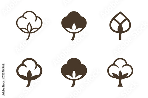 Cotton Boll Logos. Natural Fibers. Set Logo of Natural Fibers: cotton boll. harmonious logo variations of the same emblematic concept, each with different