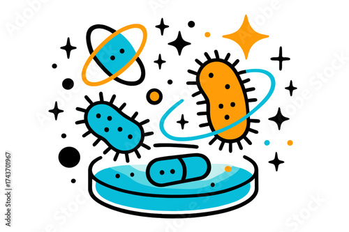 Glowing Bacteria Petri Dish. Bacteria World. A glowing petri dish with floating stylized bacteria, abstract sparks and orbits symbolizing microscopic life.