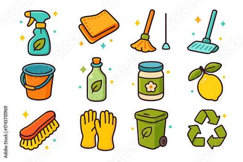 Eco-Friendly Cleaning Icons. Eco-Friendly Cleaning. Colorful isometric vector icons set of eco-friendly cleaning alternatives: spray bottle, reusable cloth,