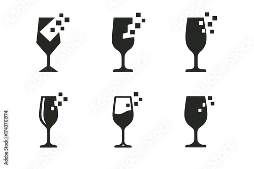 Digital Champagne Flute Logos. Digital champagne flute services. Set Logo of Digital champagne flute services: glass with digital pixels. harmonious logo