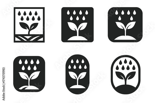 Monsoon Seedling Logos. Impact of monsoons on tropical agriculture. Set Logo of seedling in rain: young plant sprouting under heavy drops. harmonious logo