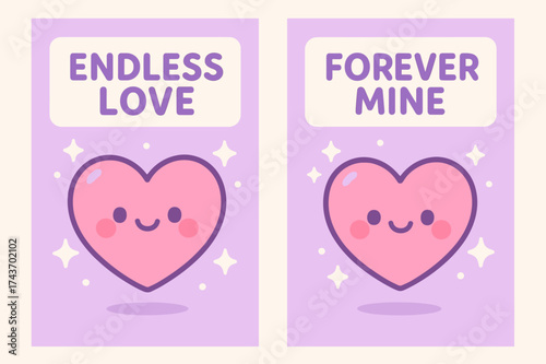 Kawaii Heart Banners. Love. Two vertical A6 banners with safe margins, centered composition, no elements touching edges, kawaii style, lavender and cream,