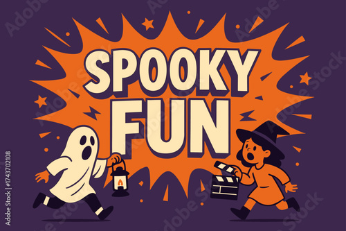 SpookyFun Cartoon Characters. SpookyFun banner, flat vector illustration, bold oversized text inside comic burst, cartoon characters running and shouting near