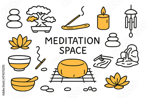 Serene Meditation Icons. Meditation space. Hand-drawn doodle illustration meditation space cushion (accented), incense holder (accented), bonsai (accented),