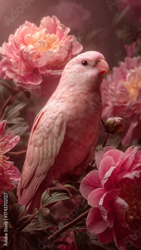 A beautiful pink hookbill bird on a branch, surrounded by lovely pink peonies. A romantic look, shallow depth of field, and subtle lighting. A glamorous glow overlay. Hyperrealistic.
