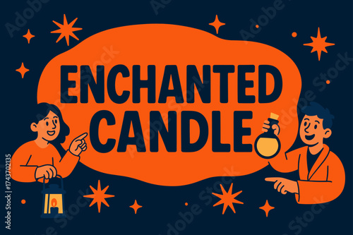 Enchanted Banner Illustration. EnchantedCandle banner, flat vector illustration, bold oversized text inside rounded blob, cartoon characters floating and