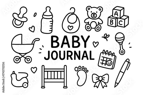 Baby Journal Icons. Baby journal. Hand-drawn doodle illustration baby journal diary, pacifier, bottle, teddy bear, toy blocks, stroller, bib, rattle, crib,