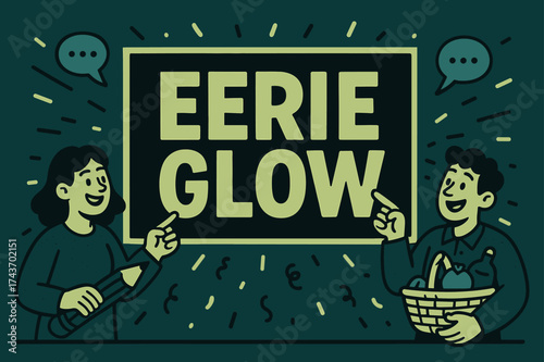 Eerie Glow Banner. Eerie Glow banner, flat vector illustration, bold oversized text inside rectangular frame, cartoon characters standing and pointing at