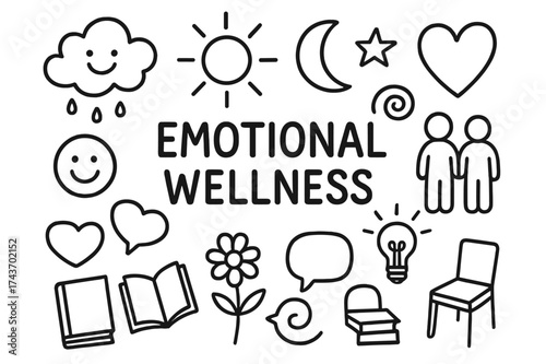 Emotional Wellness Icons. Emotional wellness. Hand-drawn doodle illustration emotional wellness heart, smiley face, cloud, sun, moon, star, notebook, book,