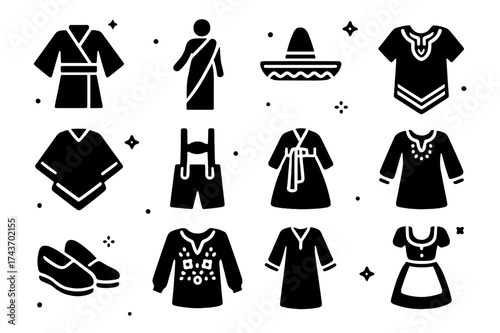 Ethnic Clothing Icons. Ethnic clothing. Solid icons set of Ethnic clothing: kimono, sari, sombrero, dashiki, poncho, lederhosen, hanbok, turban, moccasins,