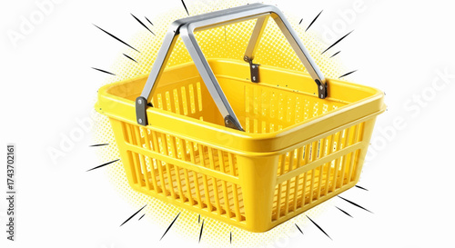 Pop art yellow shopping basket on sunburst background. Comic style vector illustration for retail sale concept