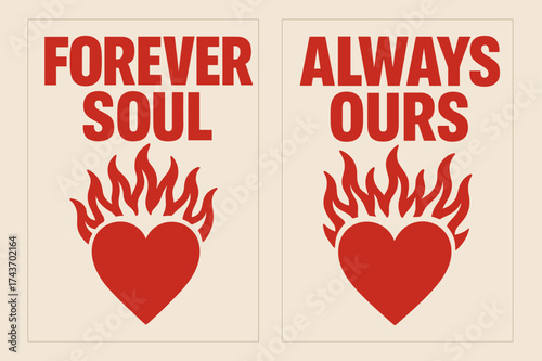 Burning Heart Banners. Commitment. Two vertical A6 banners with safe margins, centered composition, no elements touching edges, bold style, red and beige,