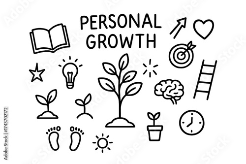 Doodle of Growth Symbols. Personal growth. Hand-drawn doodle illustration personal growth tree, sprout, book, lightbulb, ladder, target, arrow up, heart,