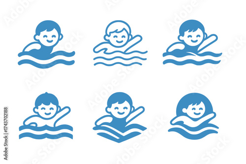 Children's Swimming Logos. Children playing sports or engaging in physical activities. Set Logo of swimming: child swimming with stylized water