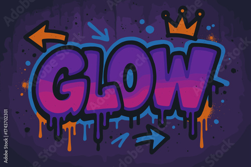 Graffiti Bubble Letters. Urban Glow ? Graffiti Simplified, chunky tilted bubble letters with dripping outlines, arrows and crown accents, flat spray fills,