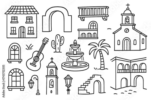 Latin American Architecture Icons. Latin American Architecture. Hand-drawn doodle illustration Latin American Architecture colonial house, arch, balcony,